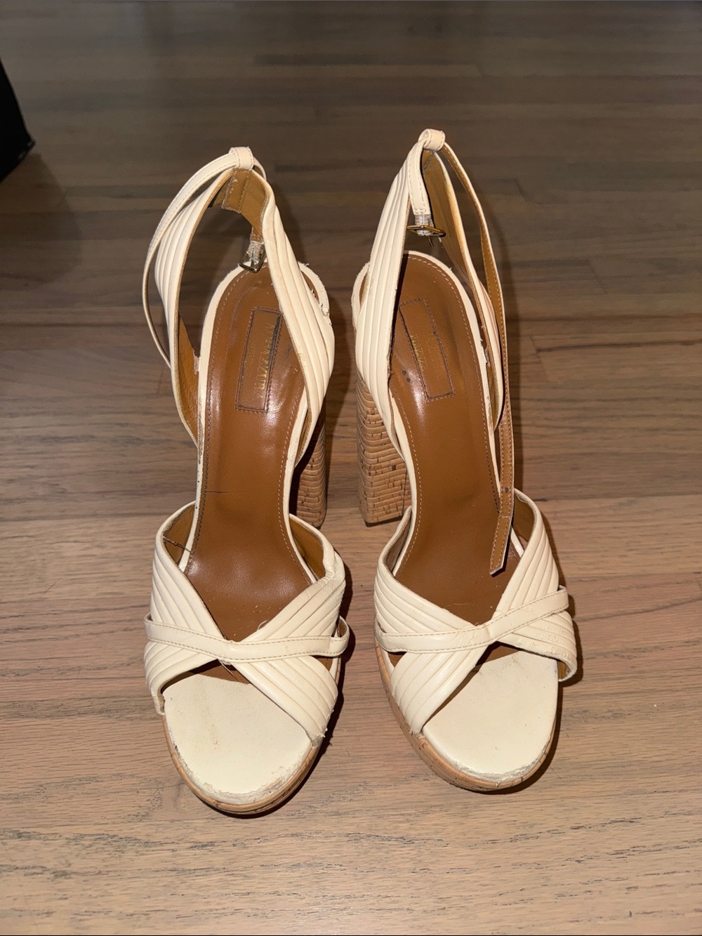 Aquazzura Cream Strappy Block Heel Sandals